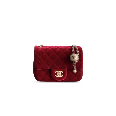 CHANEL MINI FLAP BAG VELVET, DIAMANT & GOLD-TONE METAL BRIGHT RED AS1786 (18*13*7cm)